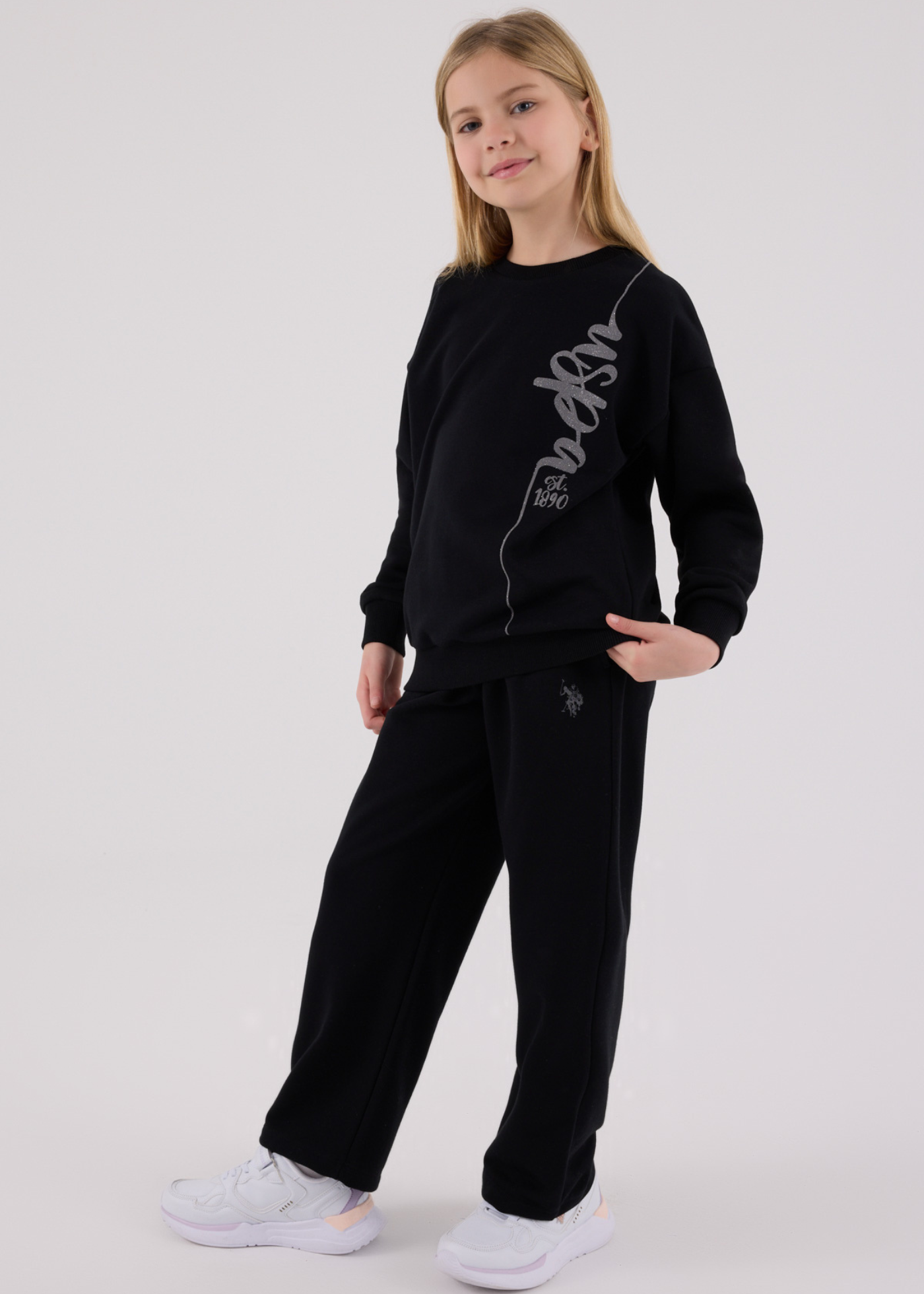 Trening 2 Piese Negru Bluza Sport Oversize si Pantaloni Lungi Evazati US2304-4 Us Polo Assn