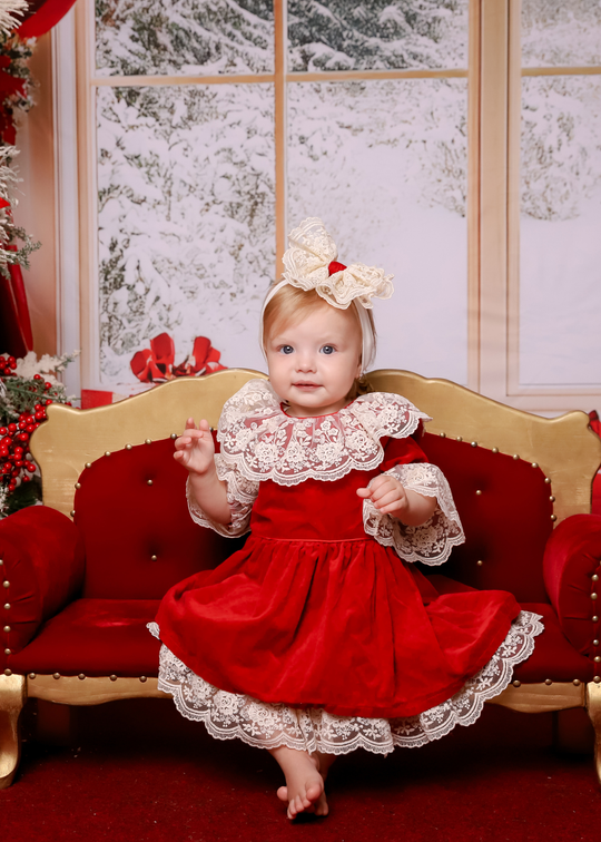 Red Velvet Dress with Ruffles and White Lace at the Neck and Sleeves AnneBebe