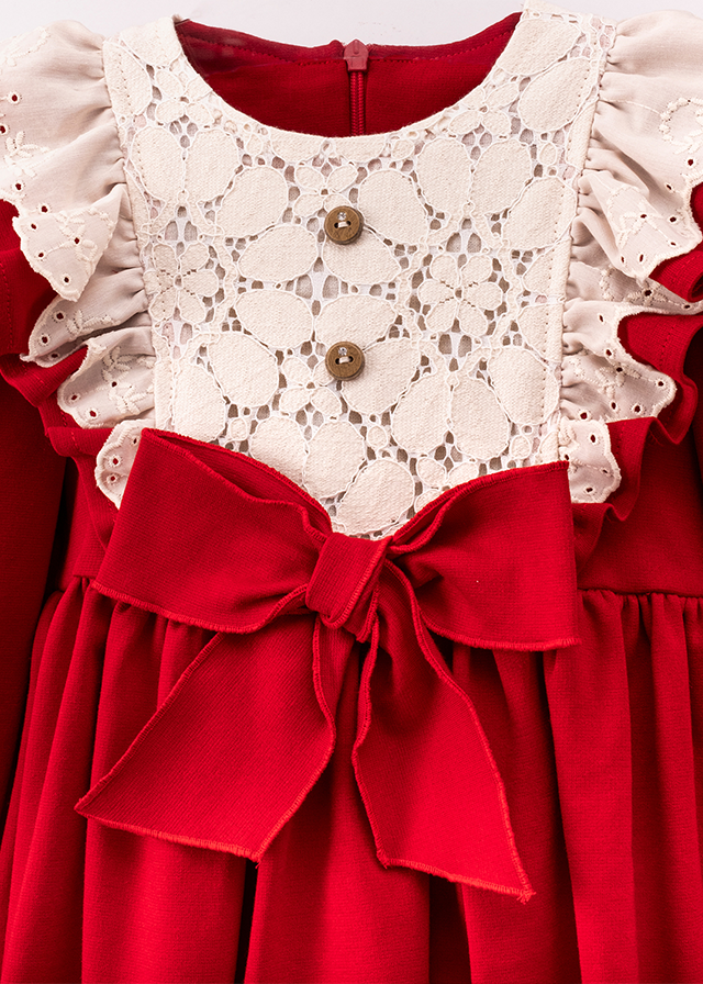 Red dress with long lace sleeves on the bust and bow at the waist art 3554 Mino Baby