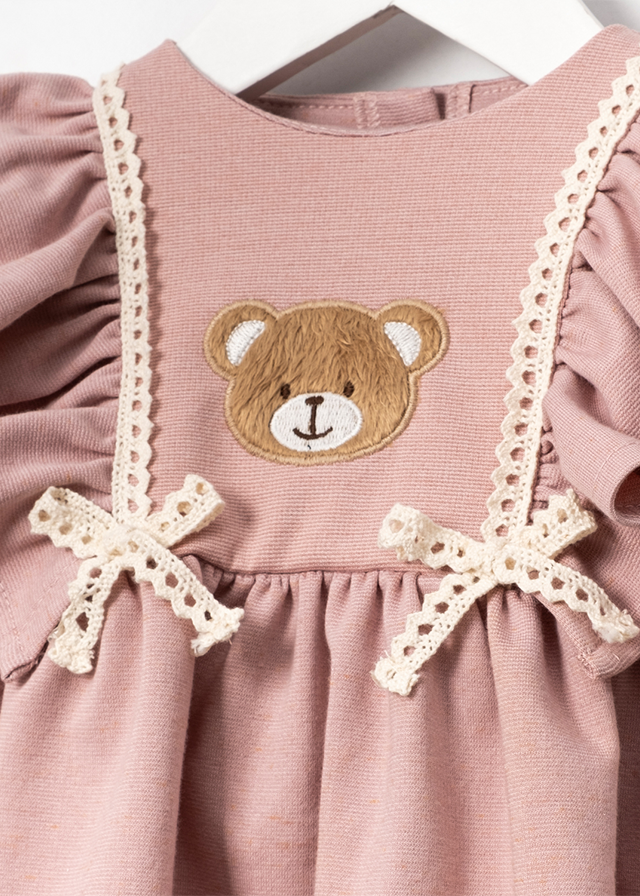 Dress With Long Sleeve Girls Elegant Pink With Bear On The Chest 3591 Mino Baby