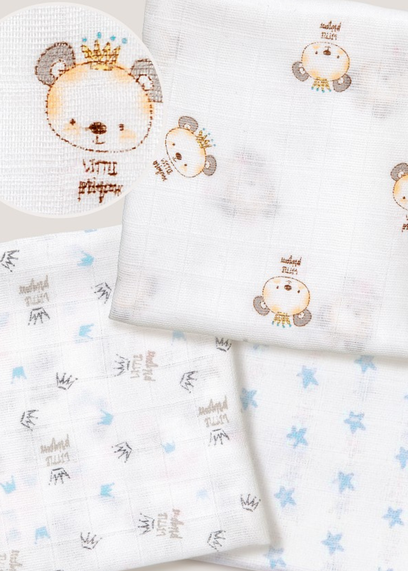 Set 3 Scutece Muselina Alb-Bleu cu Imprimeu Panda 80x80 cm 99980P-01 Interbaby