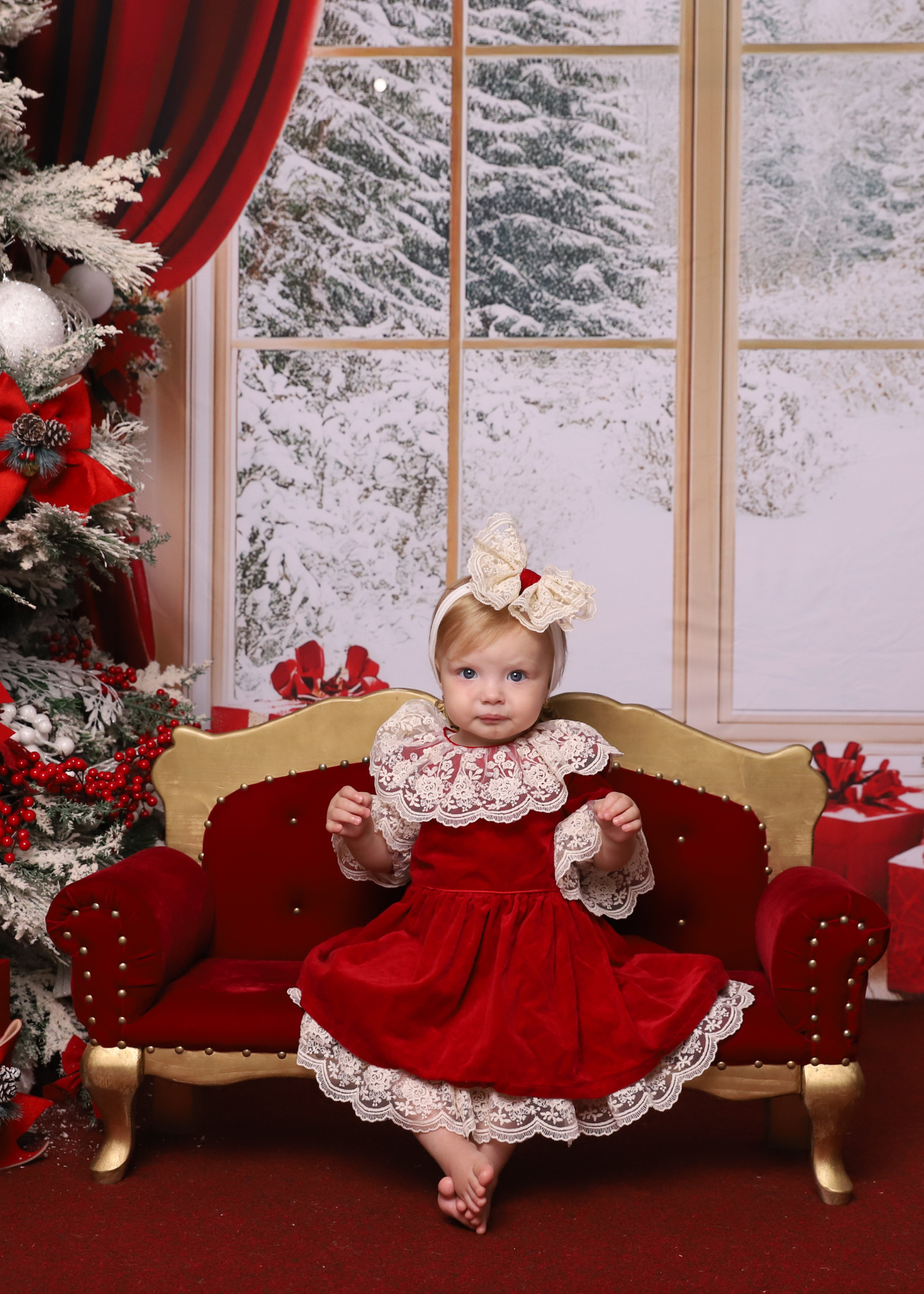 Red Velvet Dress with Ruffles and White Lace at the Neck and Sleeves AnneBebe