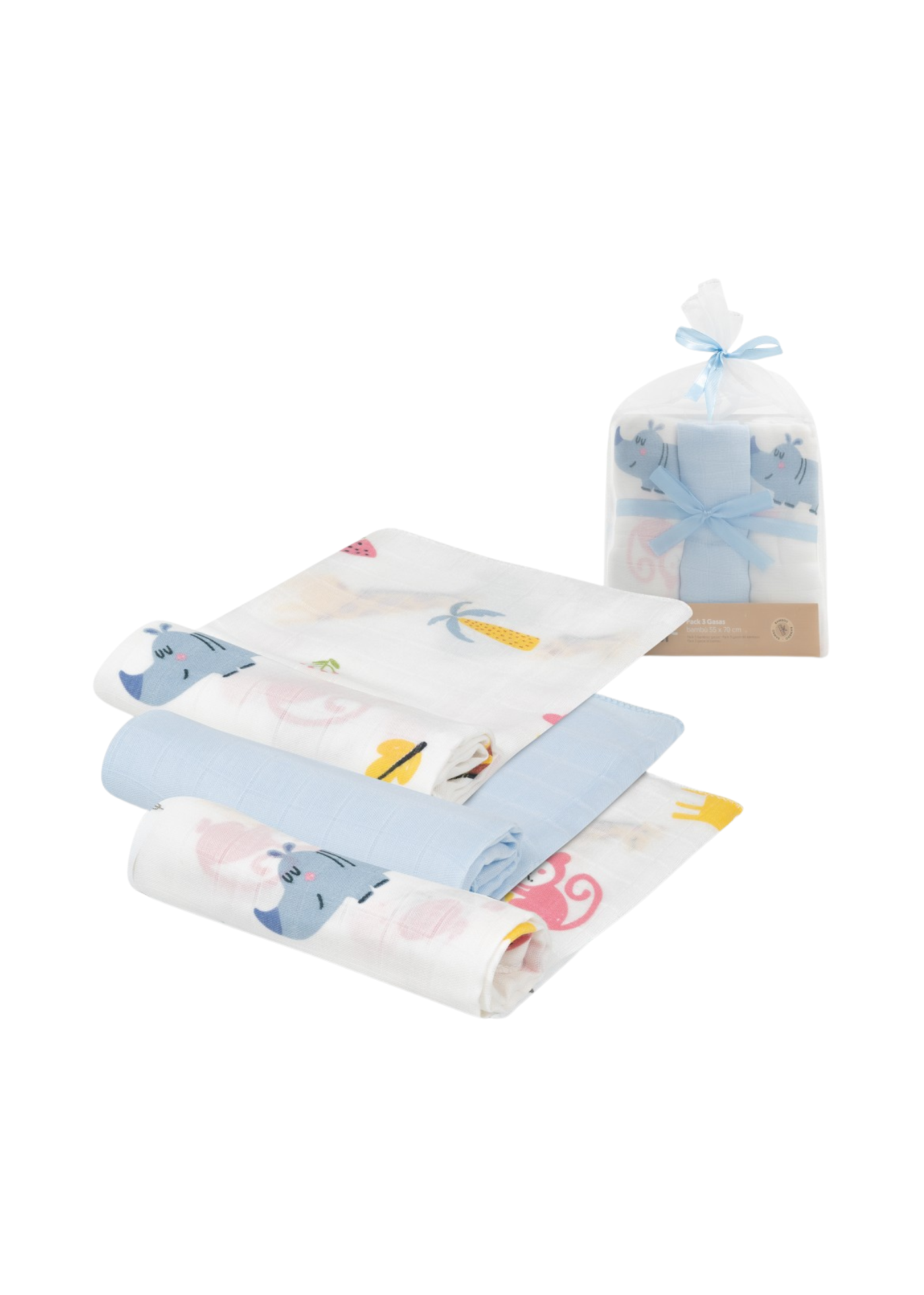 Set 3 Scutece Muselina Bambus Alb-Bleu Imprimeu Animale – 55x70 cm 98977-01 InterBaby