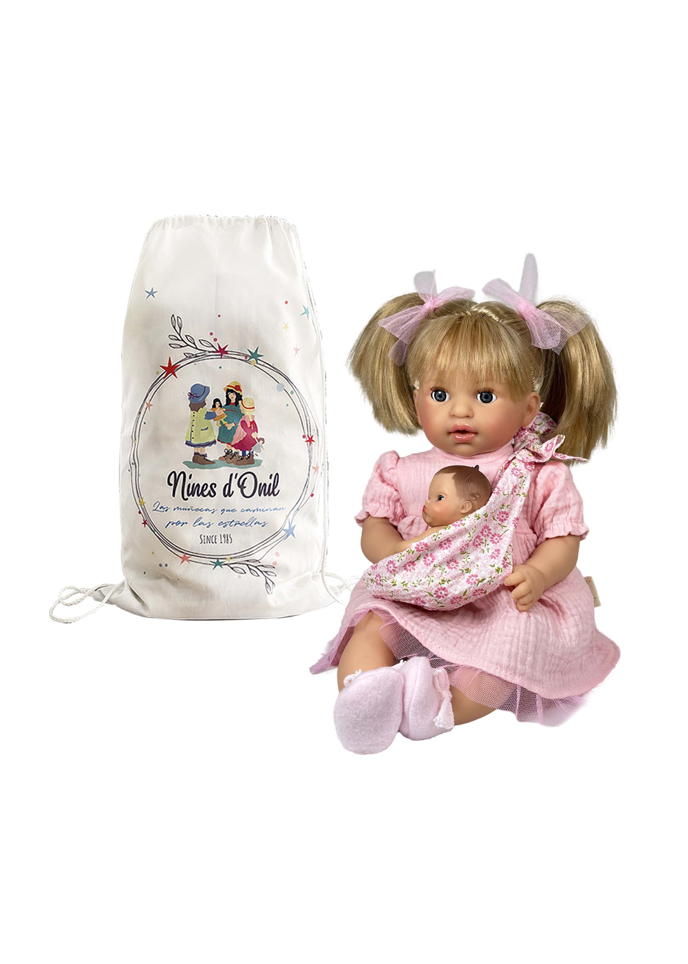 Papusa Parfumata Alex Blonda cu Mecanism Rochita din Muselina Roz si Bebelus in Esarfa – 40 cm – 4033 – Nines