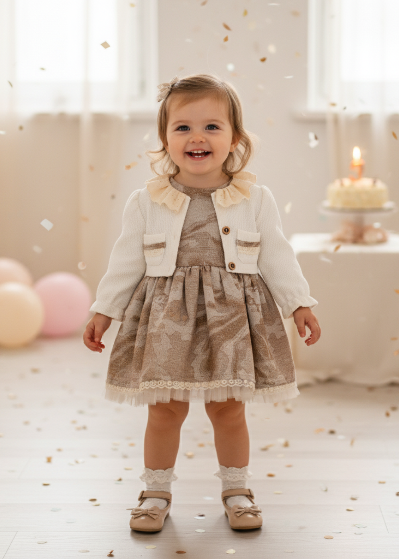 Set 2 Piese Rochie Bej cu Maneca Lunga si Bolero Crem MJ125 Mary & Joe