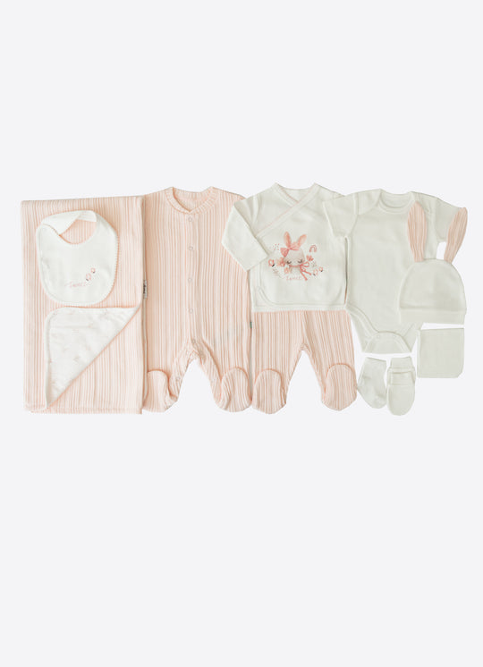 Set de Maternitate din Bumbac cu Iepuras Roz, 10 Piese pentru Fetite S43583 – Kitikate