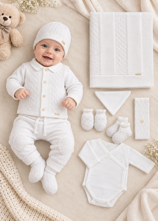 Set Nou-Nascut Tricotat Alb 9 Piese pentru Baieti 3082 – Leo King