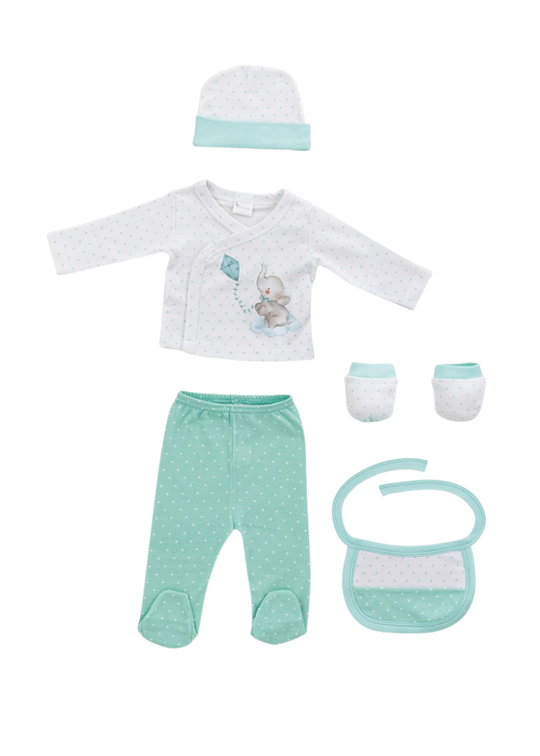Set Nou-Nascut 5 Piese Alb-Verde Imprimeu Elefant SET20 Interbaby