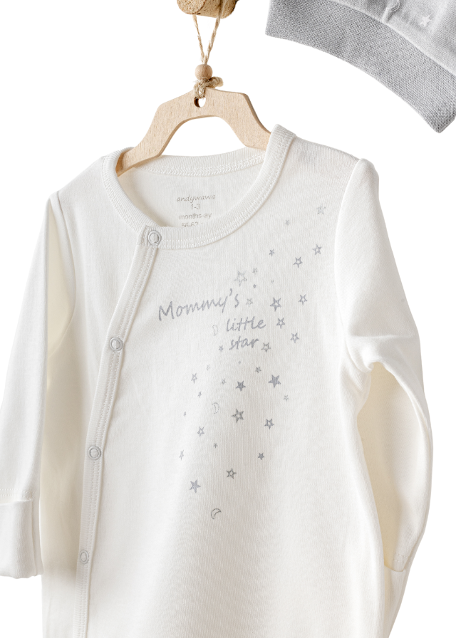 Salopeta Lunga Crem si Fes Gri cu Stele Mommy’s Little Star AC25705 Andywawa