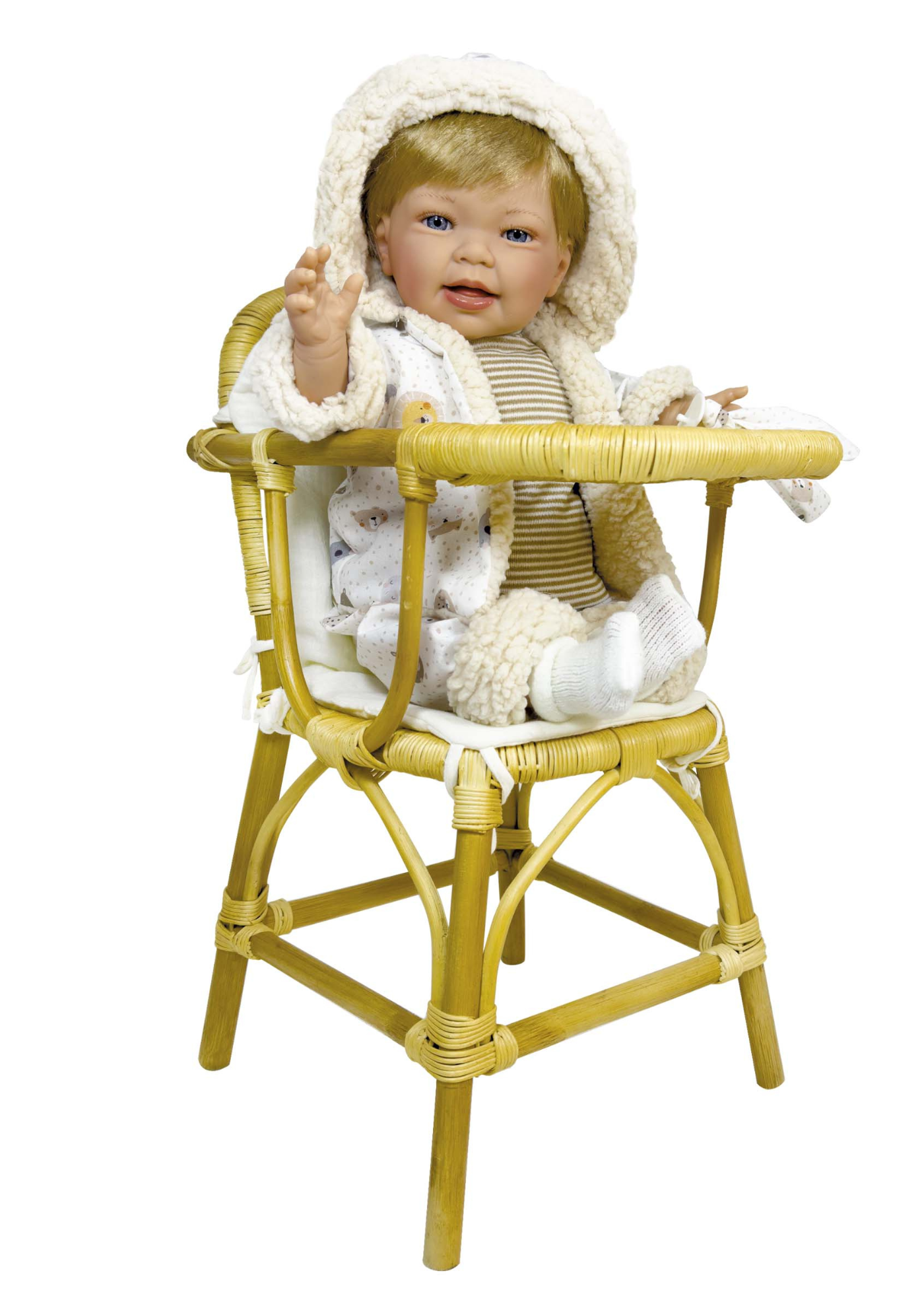 Papusa Parfumata Susi Blonda cu Mecanism, Pantaloni si Jacheta Alba Imprimeu Animale – 45 cm – 6703 – Nines