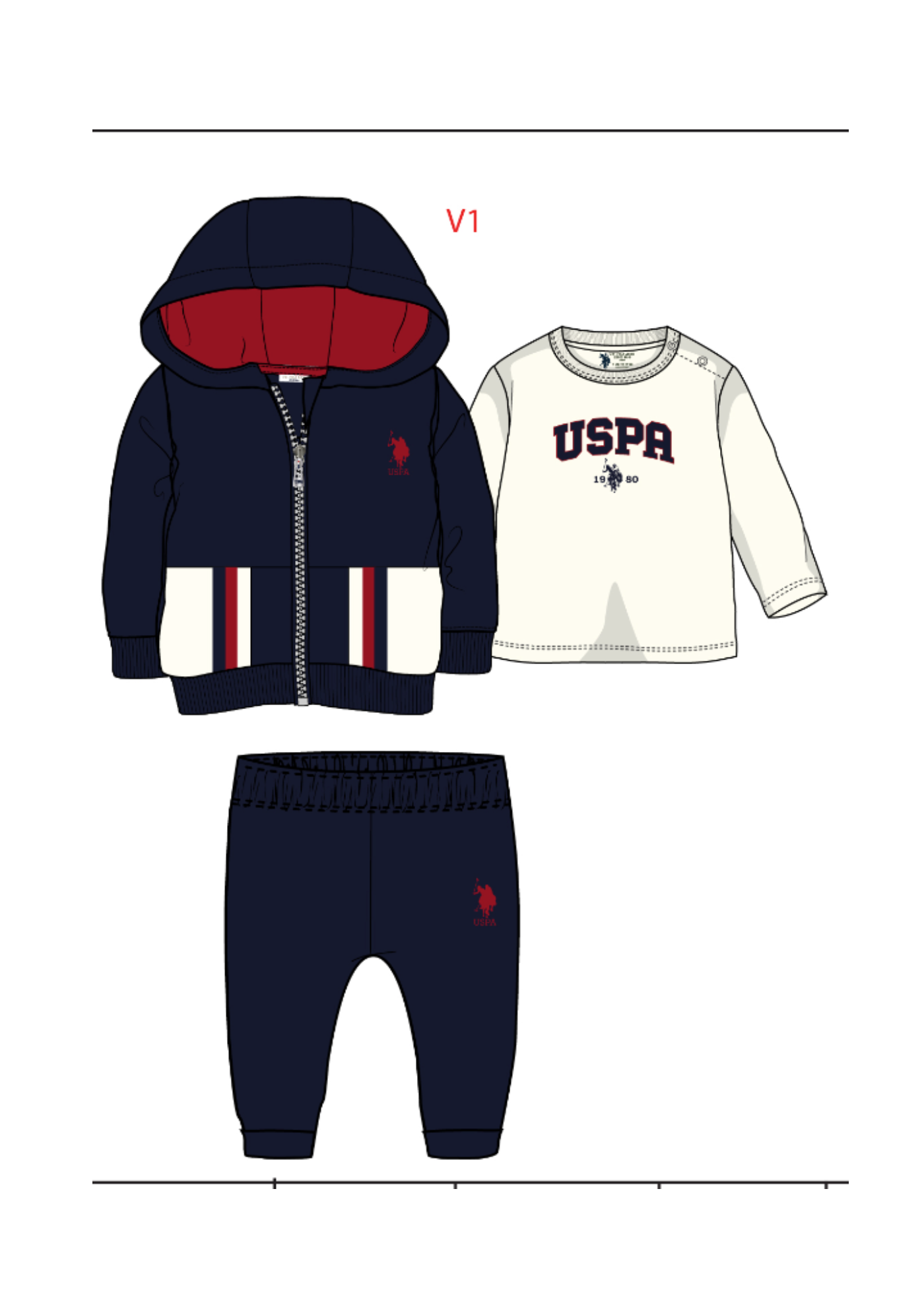 Set 3 Piese Bleumarin Jacheta cu Capse Pantaloni Lungi si Bluza Crem USB2537 Us Polo Assn