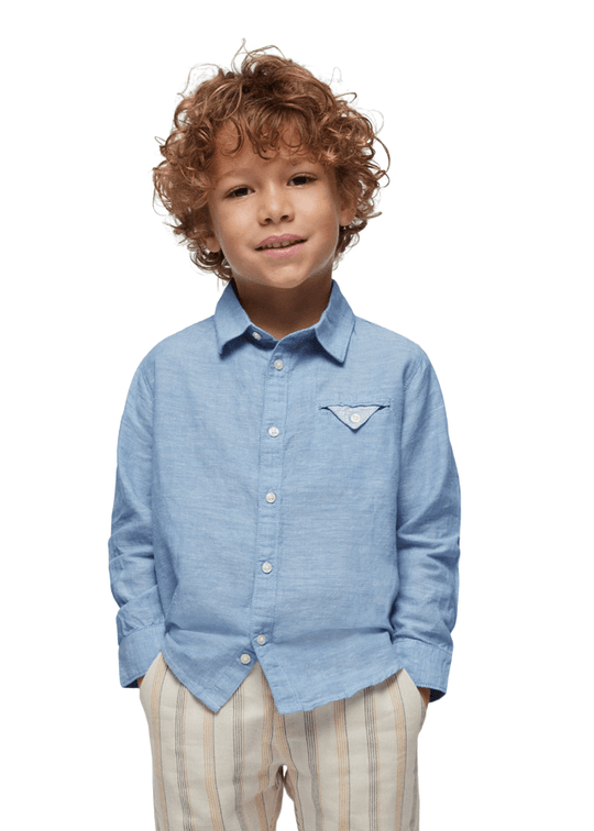 Camasa cu Maneca Lunga Albastra cu Buzunar la Piept din In si Bumbac 3122 Mayoral
