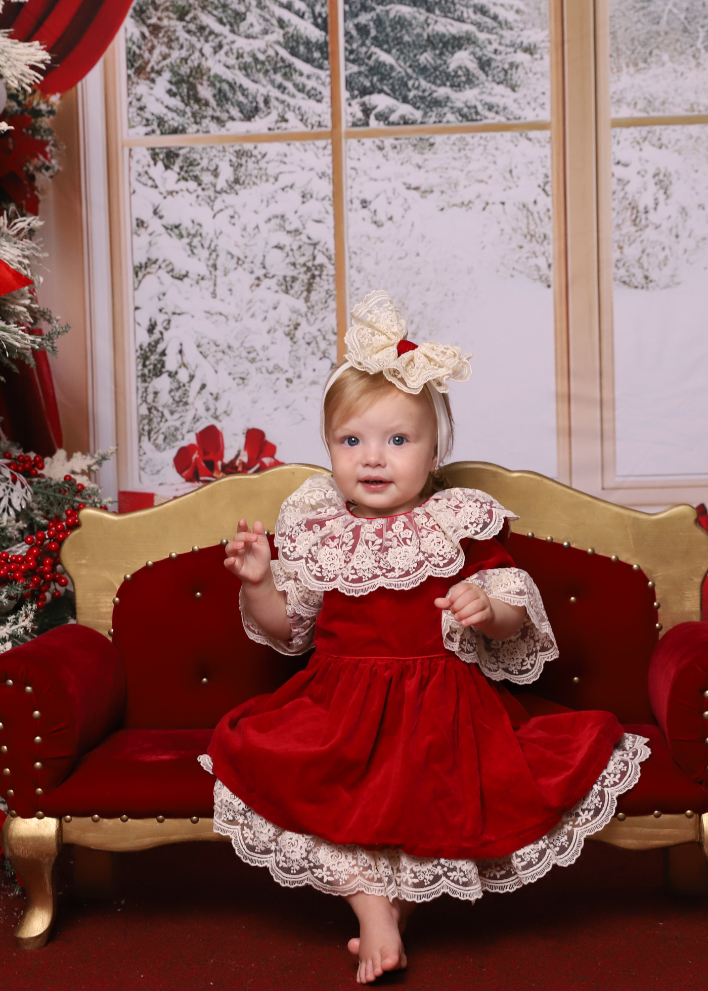 Red Velvet Dress with Ruffles and White Lace at the Neck and Sleeves AnneBebe