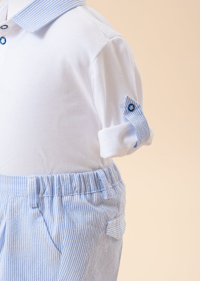 Костюм Кремова трикотажна сорочка Короткі штани сині в смужку