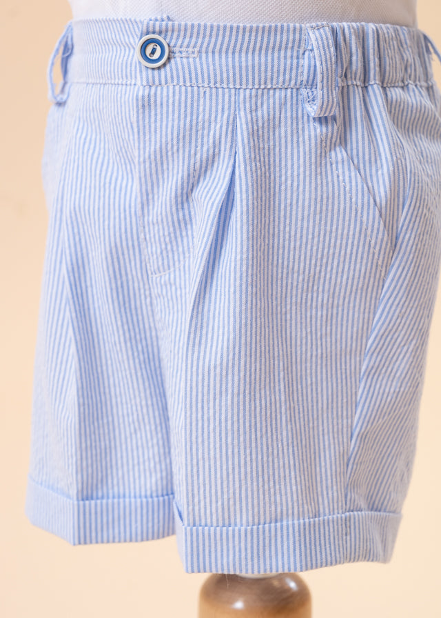 Suit Cream Knitted Shirt Short Pants Blue Stripes