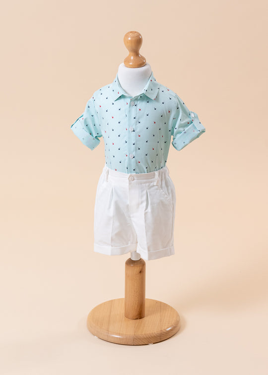 Costum Bumbac, Camasa Verde si Pantalon Scurt Alb Annebebe