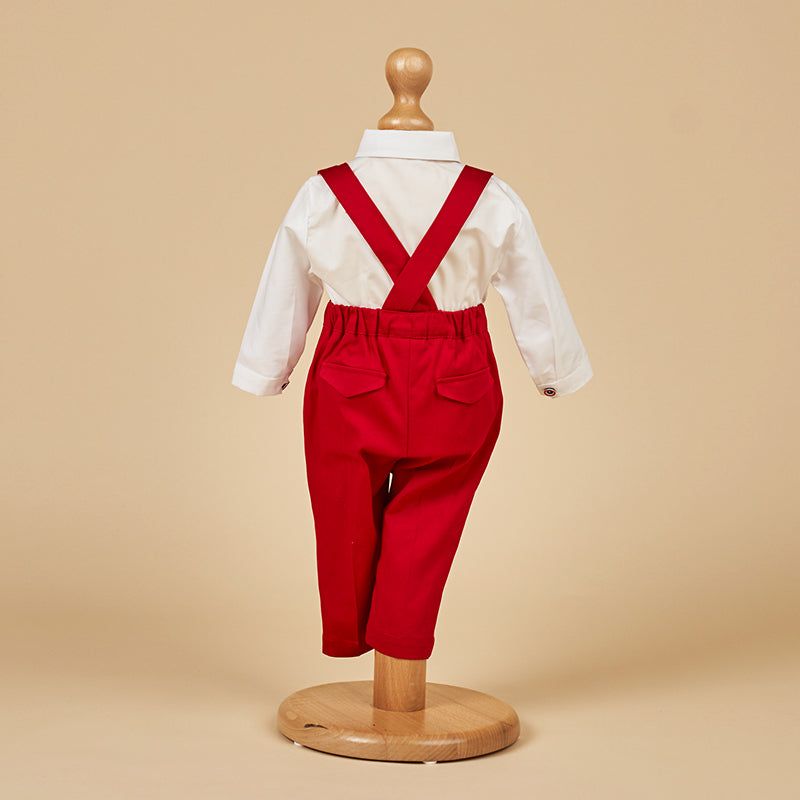 AnneBebe - Costum Camasa Alba Pantalon Rosu cu Bretele si Papion AnneBebe