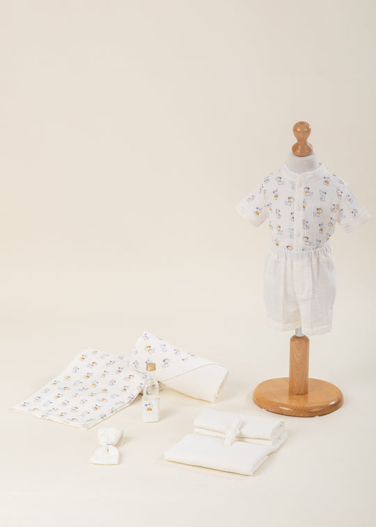 2-Piece Christening Set - Cream Muslin Suit with Puppies and Personalized AnneBebe Christening Kit