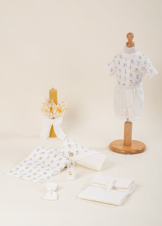 Christening Set 3 Pieces Muslin Cream Suit with Puppies, Christening Essentials and Personalized Candle AnneBebe