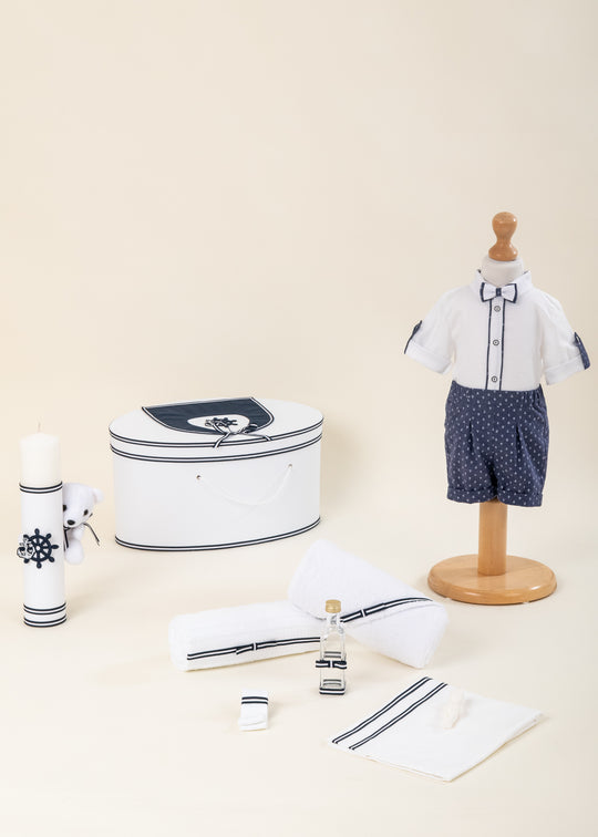 Set Botez Emil 4 Piese, Costum, Trusou, Lumanare si Cufar Personalizat Botez AnneBebe