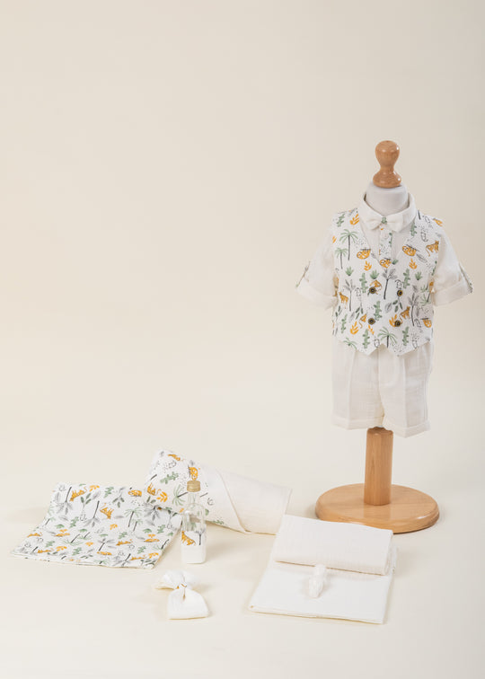 2-Piece Baptism Set - Cream Muslin Suit with Tigers and Personalized AnneBebe Baptism Keepsake Set