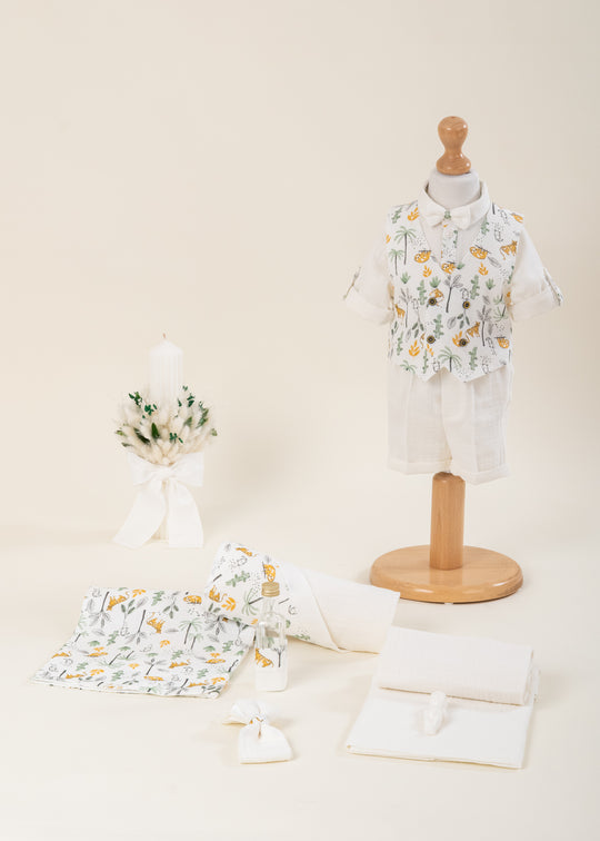 3-Piece Baptism Set - Cream Muslin Suit with Tigers, Christening Set, and Personalized AnneBebe Christening Candle