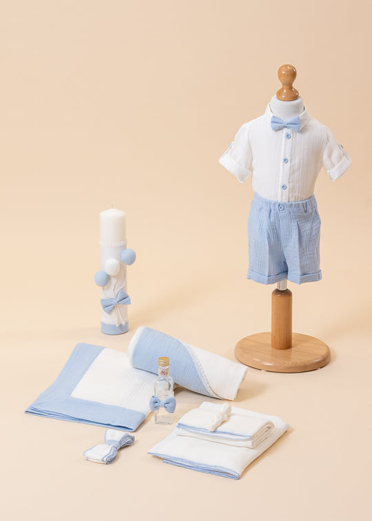 Set Botez Gabriel 3 Piese, Costum, Trusou si Lumanare Personalizate AnneBebe