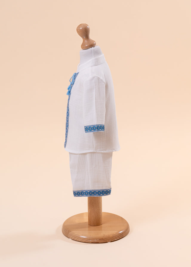 Costum Traditional Baietei Camasa Si Pantalon Cu Banda Bleu