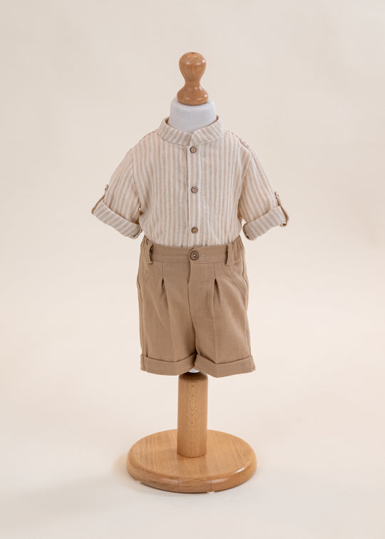 Costum Andy Camasa Muselina Bej Cu Dungi Crem  AnneBebe