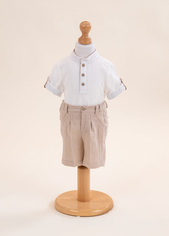 Costum Eduard Camasa Crem Cu Guler Cazacesc Si Pantalon Bej Din Muselina AnneBebe