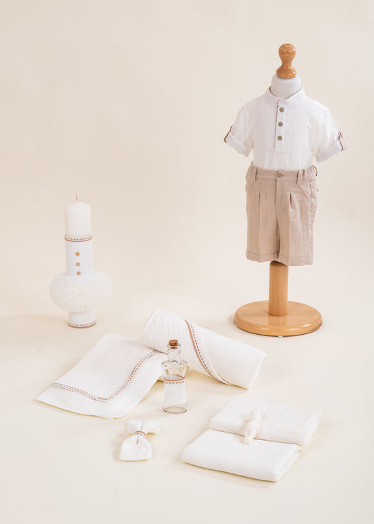 Set Botez Eduard 3 Piese, Costum, Trusou si Lumanare Personalizat Botez AnneBebe