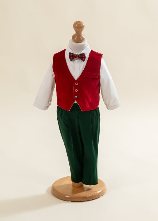 Costum Vesta Raiat Rosu Pantalon Verde AnneBebe