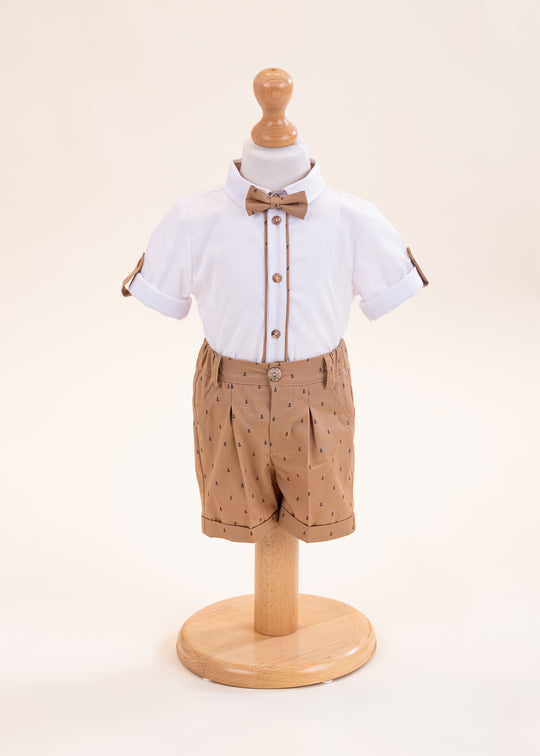 Costum Victor Camasa Crem Cu Cheder Bej Pantalon Scurt Bej Imprimeu Ancore AnneBebe