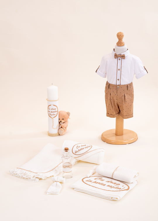 Set Botez Victor 3 Piese, Costum, Trusou si Lumanare Personalizat Botez AnneBebe