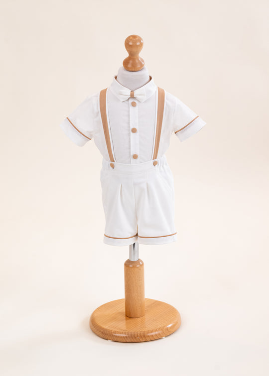 Costum Eugen Camasa Crem Pantalon Scurt Crem Cu Bretele Bej AnneBebe
