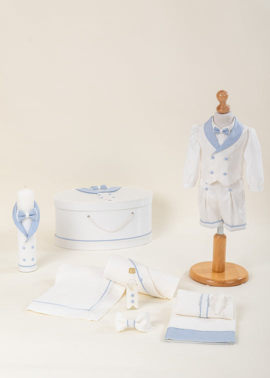 Set Botez Rene 4 Piese, Costum, Trusou, Lumanare si Cufar Personalizat Botez AnneBebe