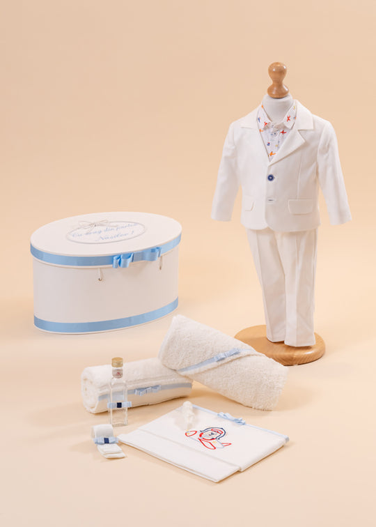 Set Botez Evgeni 3 Piese, Costum, Trusou si Cufar Personalizat AnneBebe