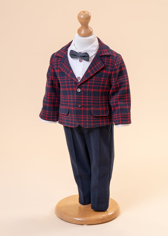 Darie Boys Elegant Suit 4 Pieces Red Plaid Jacket With Navy Blue AnneBebe