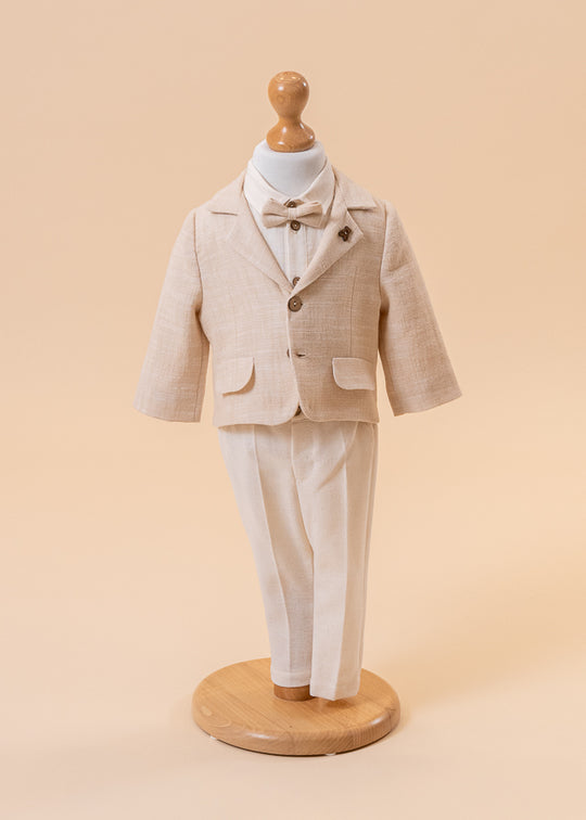 Elegant Suit, Beige Jacket and Bow Tie, Long Pants and AnneBebe Cappuccino Shirt