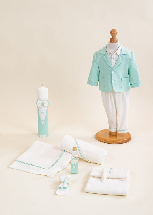 Set Botez Tiberiu 3 Piese Costum ,Trusou si Lumanare Personalizat Botez AnneBebe