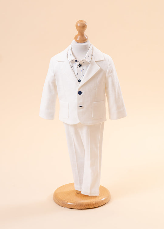 Marian Elegant Suit, Cream Jacket And Pants, AnneBebe Cars Print Shirt