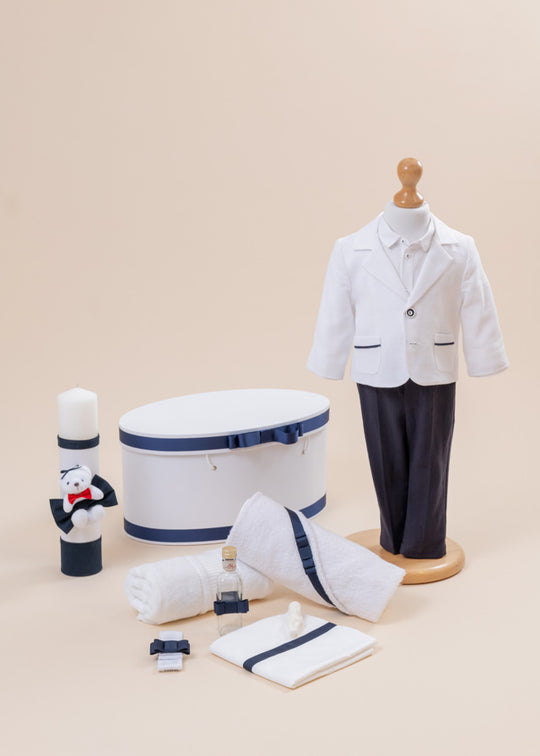 Set Botez Luccian 4 Piese, Costum, Trusou, Lumanare si Cufar Personalizat AnneBebe