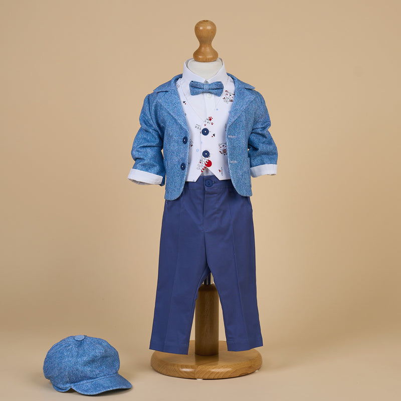 AnneBebe - Costum Elegant 6 Piese Albastru Bumbac Imprimeu Rosu AnneBebe