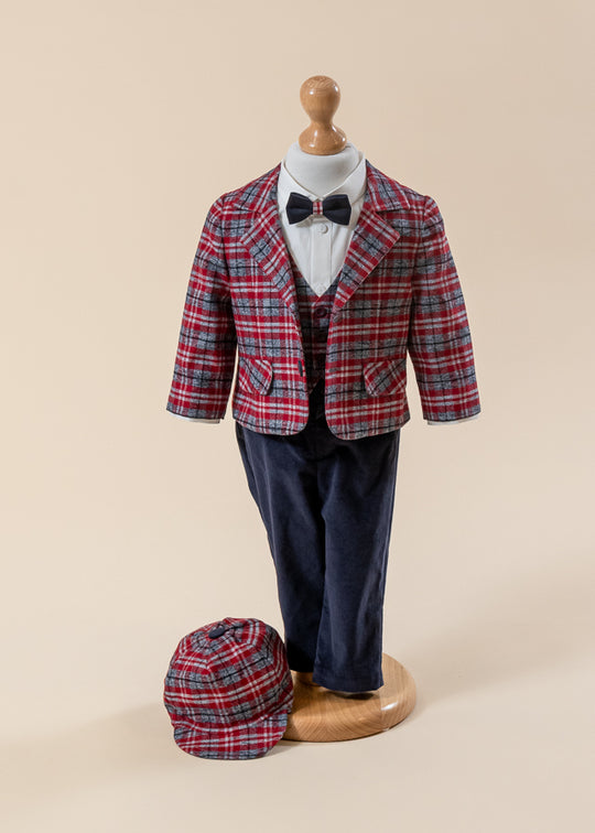 Costum Ciprian Sacou Carouri Rosu Cu Gri Pantalon Bleumarin AnneBebe