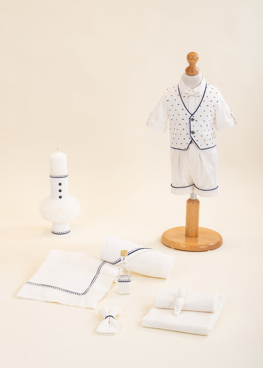 Set Botez Mihai 3 Piese Costum,Trusou si Lumanare Personalizat Botez AnneBebe