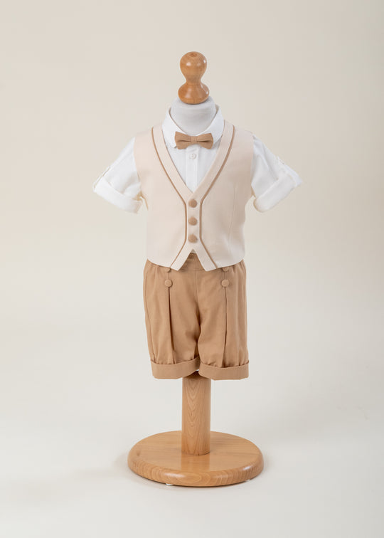 Enzo Cream Vest Suit with Beige Piping and Beige Shorts