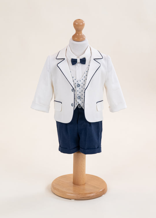 Sorin Cream Jacket Suit with Navy Print Vest, Long and Short Pants AnneBebe