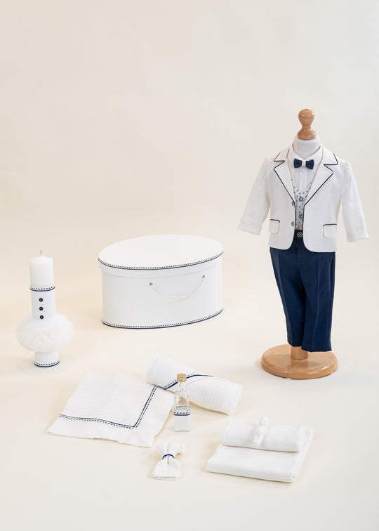 Set Botez Sorin 4 Piese Costum,Trusou,Lumanare si Cufar Personalizat Botez AnneBebe
