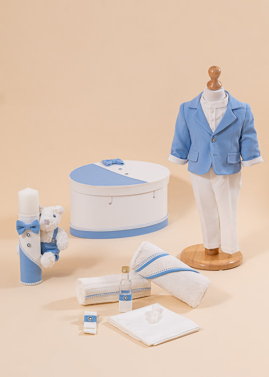 Set Botez Toma 4 Piese, Costum, Trusou, Lumanare si Cufar Personalizat Botez AnneBebe