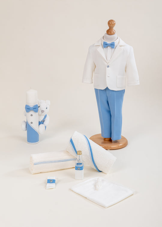 Set Botez Amza 3 Piese, Costum, Trusou si Lumanare Personalizat Botez AnneBebe